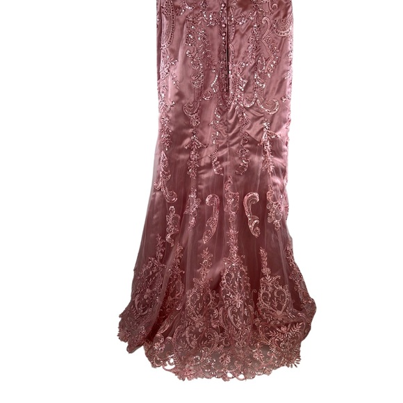 Long Dusty Rose Formal, Evening Gown, Mermaid fit with Tooling, lace & sequins - Picture 14 of 17